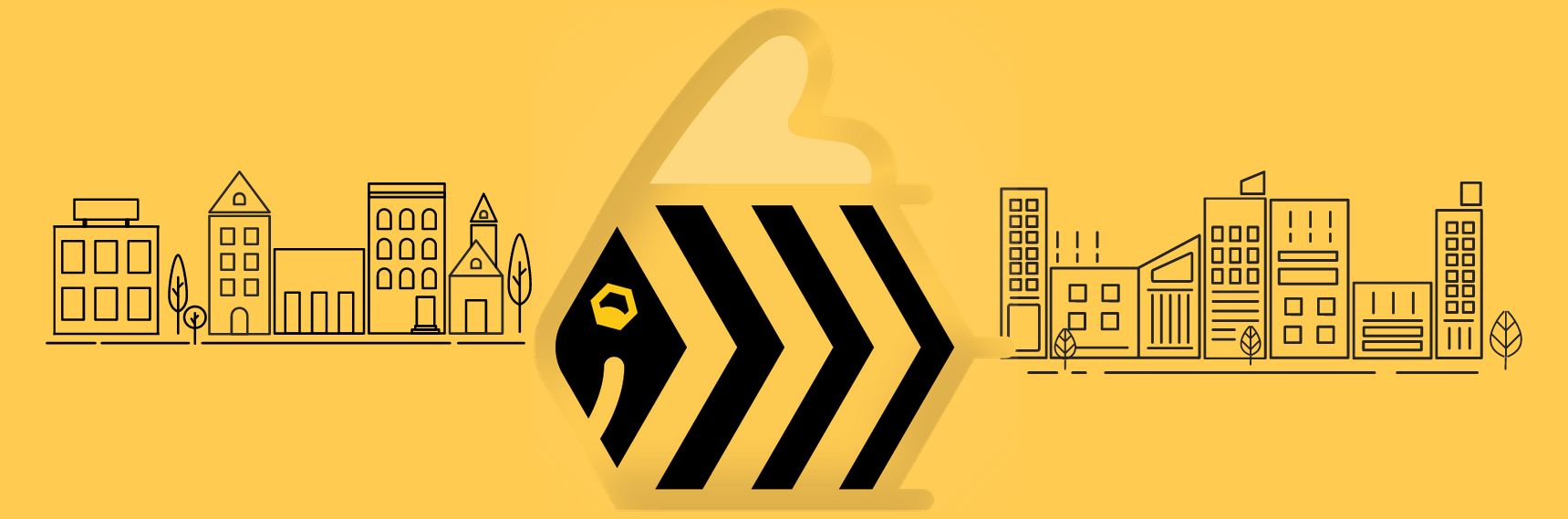 Pszczoła - logo projektu Ulopolis na żółtym tle z rysunkiem przedstawiającym teren miejski